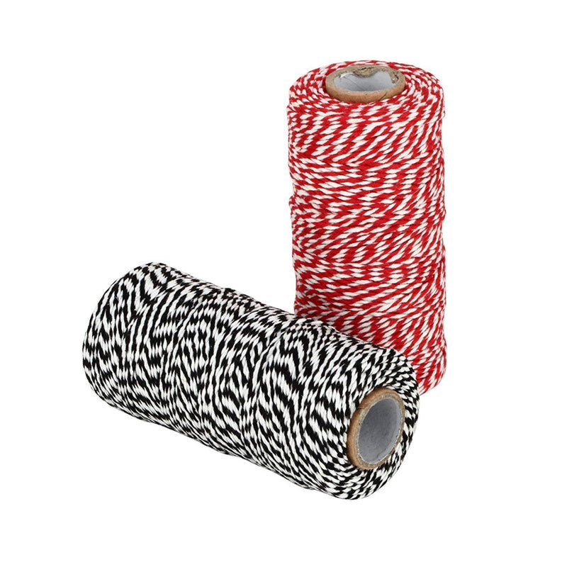  [AUSTRALIA] - Tenn Well Bakers Twine, 656 Feet 2mm Striped Cotton Twine Ribbon for Gift Wrapping, Baking, Crafting and Festival Decoration (328 Feet/Roll) Black + Red