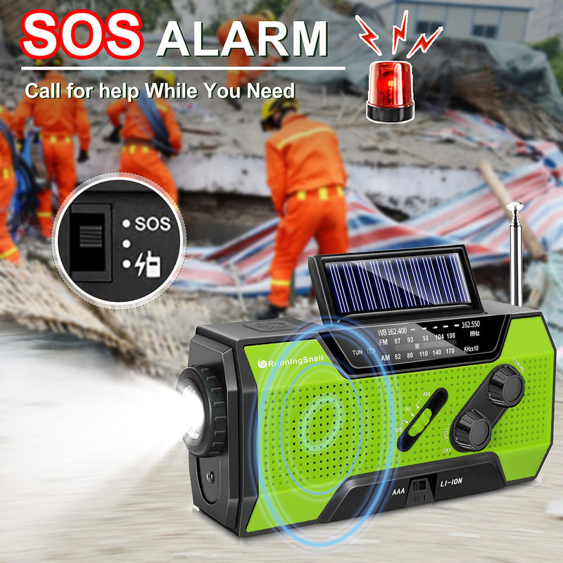  [AUSTRALIA] - RunningSnail Emergency Weather Radio, AM/FM/NOAA Hand Crank Solar Radio with SOS Alarm, Battery Operated, LED Flashlight & Reading Lamping, 2000mAh Power Bank for Emergency Phone Charge Green