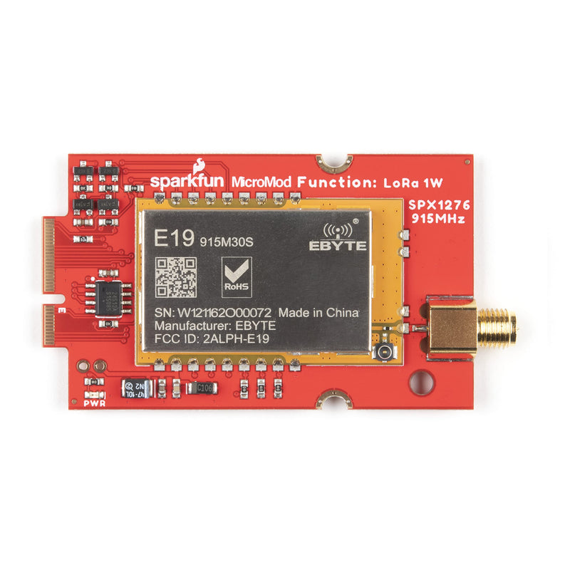  [AUSTRALIA] - SparkFun MicroMod LoRa Function Board - 1W 915M30S LoRa Module Frequency Range: 900 - 931MHz Transmit Power 28.5 - 30dBm (max) Modulation LoRa, FSK, GFSK, MSK, GMSK, OOK Antenna Impedance: 50Ω