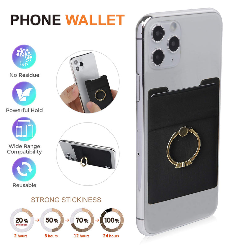  [AUSTRALIA] - New 4-in-1 Cell Phone Stick On Spandex Ring Wallet Card Holder Sleeve-Double-Pocket+Magnetic + Finger Grip Strap Loop + Kickstand – Best Stretchy Card Holder，Sticks to Case-for iPhone 11 Most Mobile Black-Z