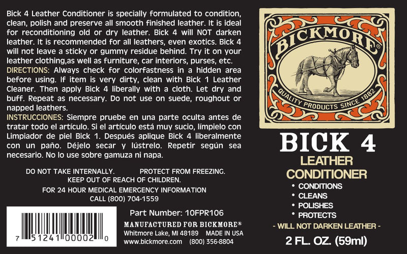 Bickmore Bick 4 Leather Conditioner 2oz - Best Since 1882 - Cleaner & Conditioner - Restore Polish & Protect All Smooth Finished Leathers 2 oz - LeoForward Australia