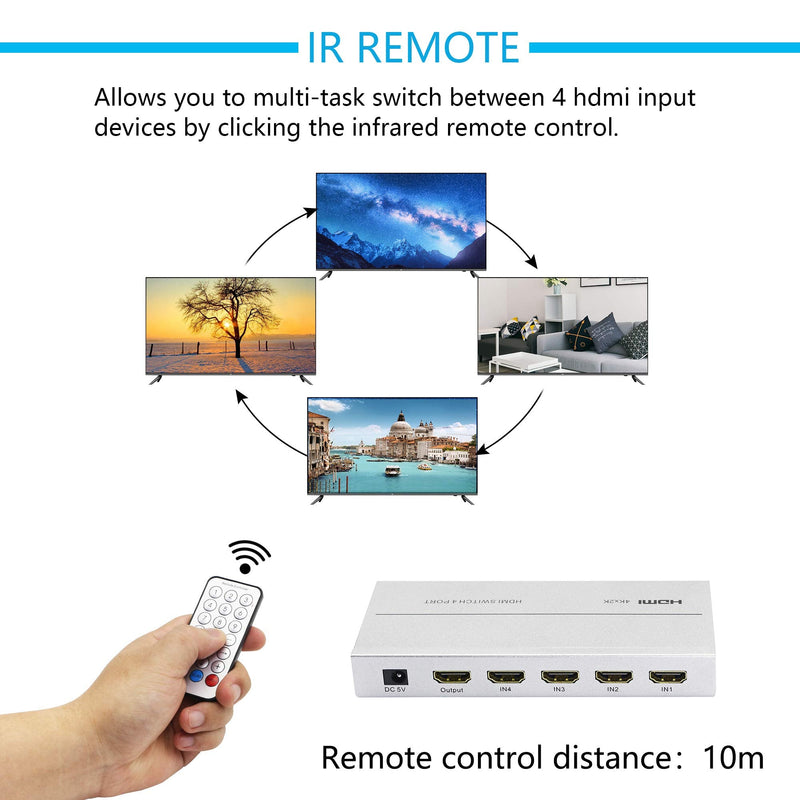  [AUSTRALIA] - CERRXIAN HDMI Switch 4 in 1 Out , 4K@30Hz HDMI Switcher Box with IR Remote Control Support HDCP 4Kx2K 1080P for PC Laptop,Xbox 360 One,PS4 PS3,Blu-ray Player,Roku Fire Stick(4 in 1 Out)