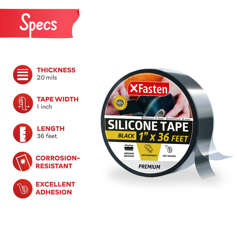  [AUSTRALIA] - XFasten Self Fusing Silicone Tape Black 1" X 36-Foot, Silicone Tape for Plumbing, Leak Seal Tape Waterproof, Silicone Grip Tape, Rubber Tape Thick for Pipe, Hose Repair Tape, Stop Leak Tape 1-Inch x 36-Feet