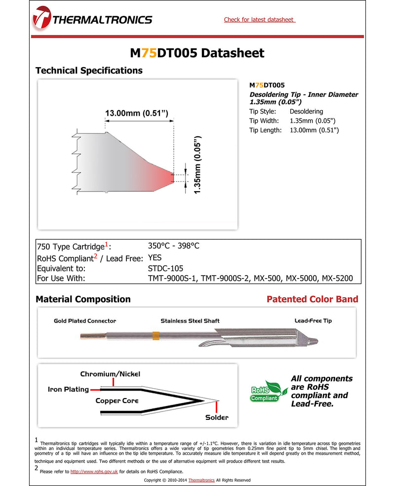  [AUSTRALIA] - Thermaltronics M75DT005 Desoldering Tip - Inner Diameter 1.35mm (0.05in) interchangeable for Metcal STDC-105