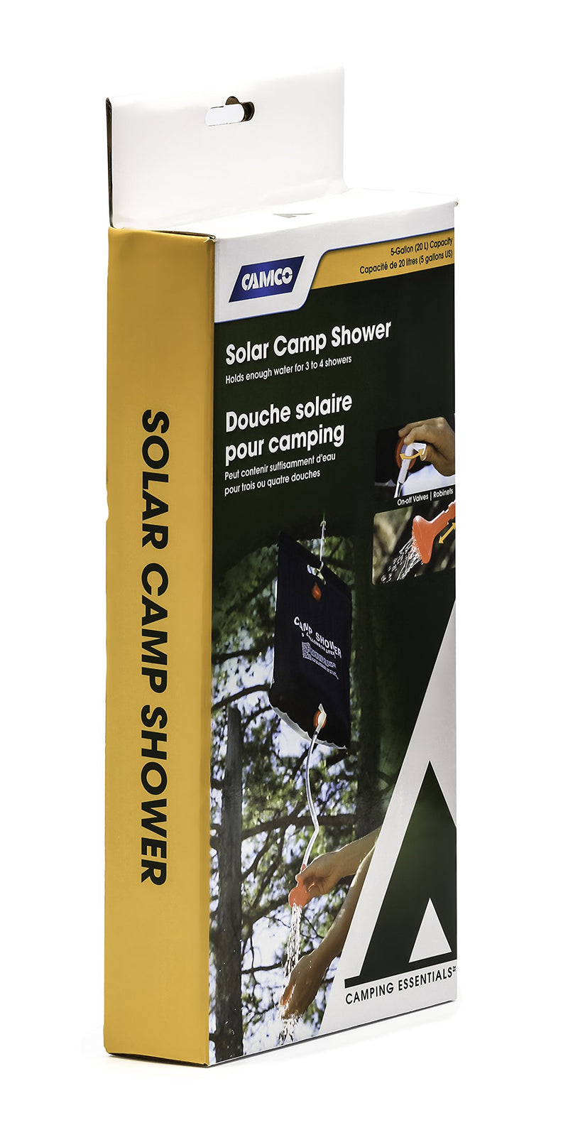  [AUSTRALIA] - Camco Outdoor Natural Solar Shower with On-Off Valve for Campsites - Holds 5 Gallons of Water, Sufficient for 3-4 Showers, Excellent for Camping, Hiking, RVing, and Traveling (51368), White