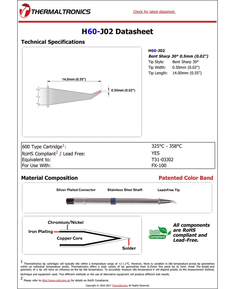  [AUSTRALIA] - Thermaltronics H60-J02 Bent Sharp 30deg 0.5mm (0.02in) interchangeable for Hakko T31-03J02