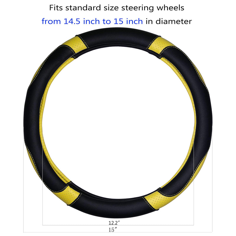  [AUSTRALIA] - BINSHEO Leather Steering Wheel Cover, Breathable, Anti Slip & Odor Free, Black and Yellow Balck Yellow