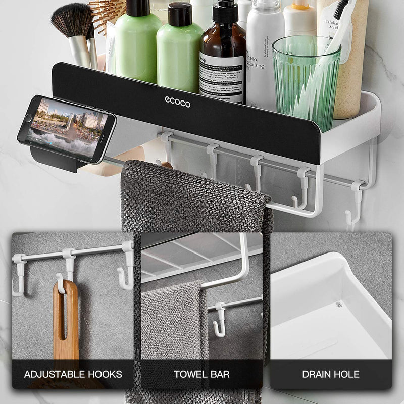  [AUSTRALIA] - Adhesive Bathroom Shelf with Towel Bar-Volpone Stick on Bathroom Kitchen Storage Organizer with Hooks Suction Shower Shelf Wall Caddy with Phone Holder No Drilling（Black) Black