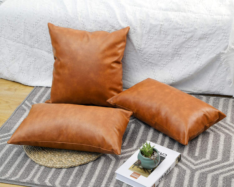  [AUSTRALIA] - SEEKSEE Faux Leather Lumbar Pillow Cover 12x20 inch, Modern Country Style Decorative Lumbar Pillow for Bedroom Living Room Sofa Brown Accent Pillows. Full Leather 12x20 1PC