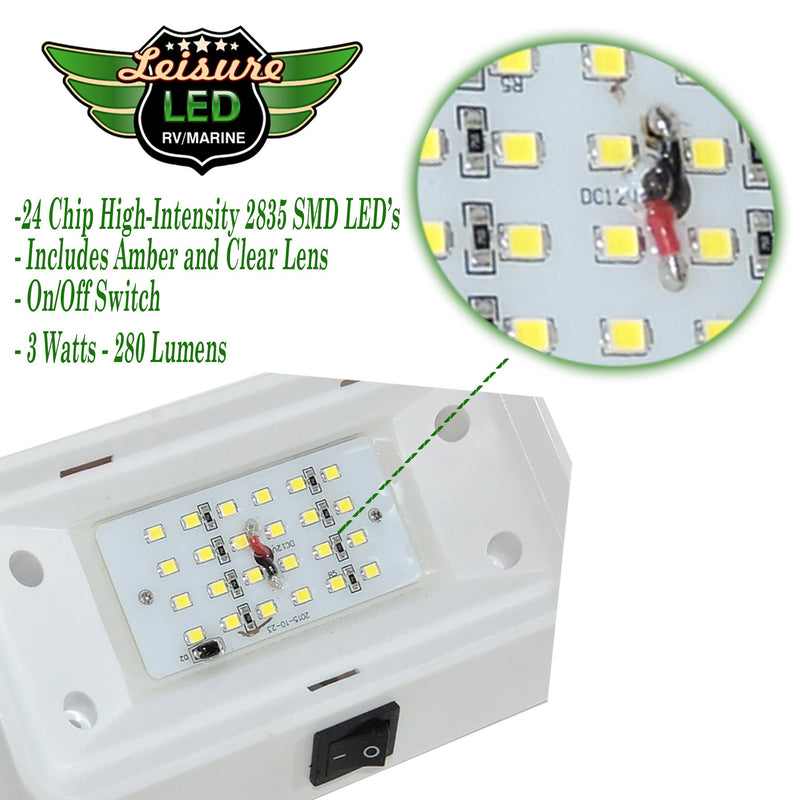  [AUSTRALIA] - Leisure LED RV Exterior Porch Utility Light with Switch - 12v 280 Lumen Lighting Fixture. Replacement Lighting for RVs, Trailers, Campers, 5th Wheels. White Base, Clear and Amber Lens (White, 1-Pack)