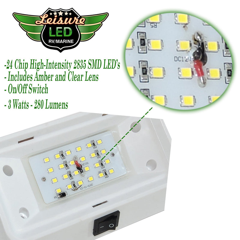  [AUSTRALIA] - Leisure LED RV Exterior Porch Utility Light with Switch - 12v 280 Lumen Lighting Fixture. Replacement Lighting for RVs, Trailers, Campers, 5th Wheels. White Base, Clear and Amber Lens (White, 2-Pack)