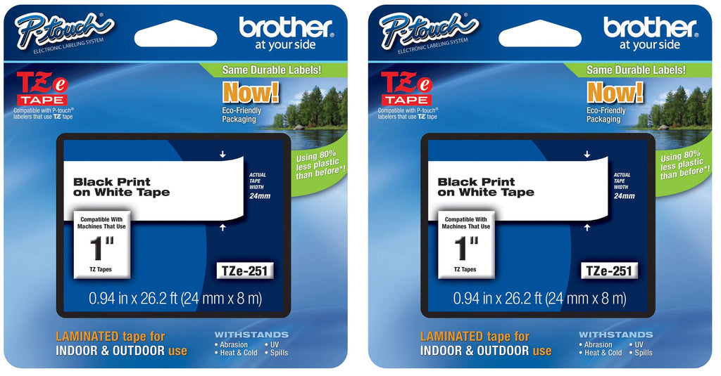  [AUSTRALIA] - Brother Genuine P-Touch 2-Pack TZe-251 Laminated Tape, Black Print on White Standard Adhesive Laminated Tape for P-Touch Label Makers, Each Roll is 0.94"/24mm (~ 1") Wide, 26.2 ft. (8M) Long