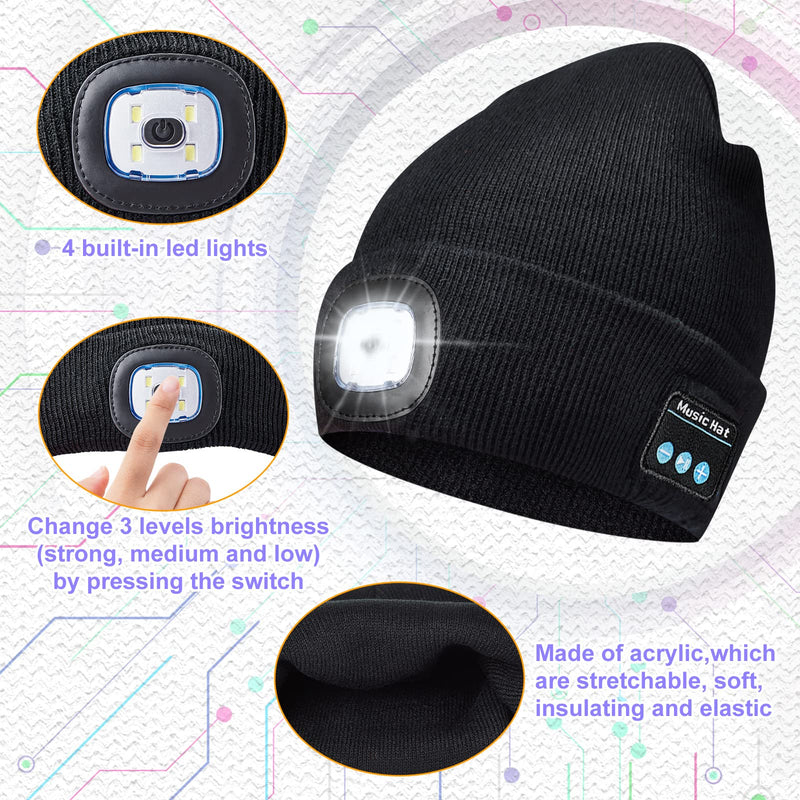  [AUSTRALIA] - 3 Pcs LED USB Rechargeable Music Winter Hat Beanie with Headlamp Built in Microphone and Stereo Speaker Hat with USB Cables Black, Coffee, Purple