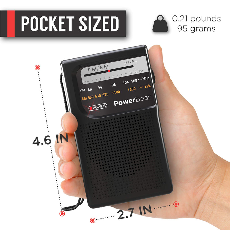  [AUSTRALIA] - PowerBear Portable Radio | AM/FM, 2AA Battery Operated with Long Range Reception for Indoor, Outdoor & Emergency Use | Radio with Speaker & Headphone Jack (Black) Black