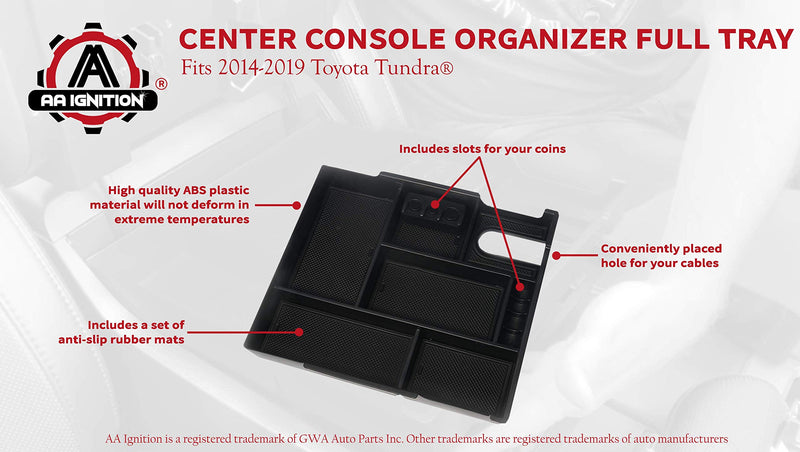  [AUSTRALIA] - Center Console Organizer Tray - Fits 2014, 2015, 2016, 2017, 2018, 2019 Toyota Tundra SR, SR5, Limited, Platinum, 1794 Edition, TRD Pro - Full Tray Storage Box Accessory - Anti-Slip ABS Black Tray