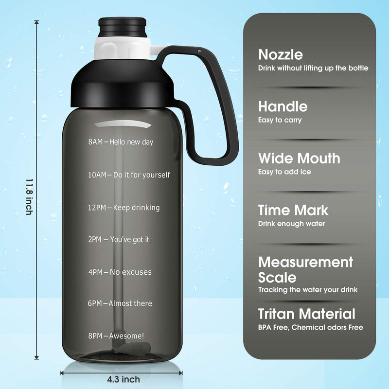  [AUSTRALIA] - Podocarpus Half Gallon Motivational Water Bottle with Straw and Time Marker, 64oz Wide Mouth Sports Water Bottle with Handle, Leakproof Tritan BPA Free Water Jug for Gym, Camping and Outdoor Sports black
