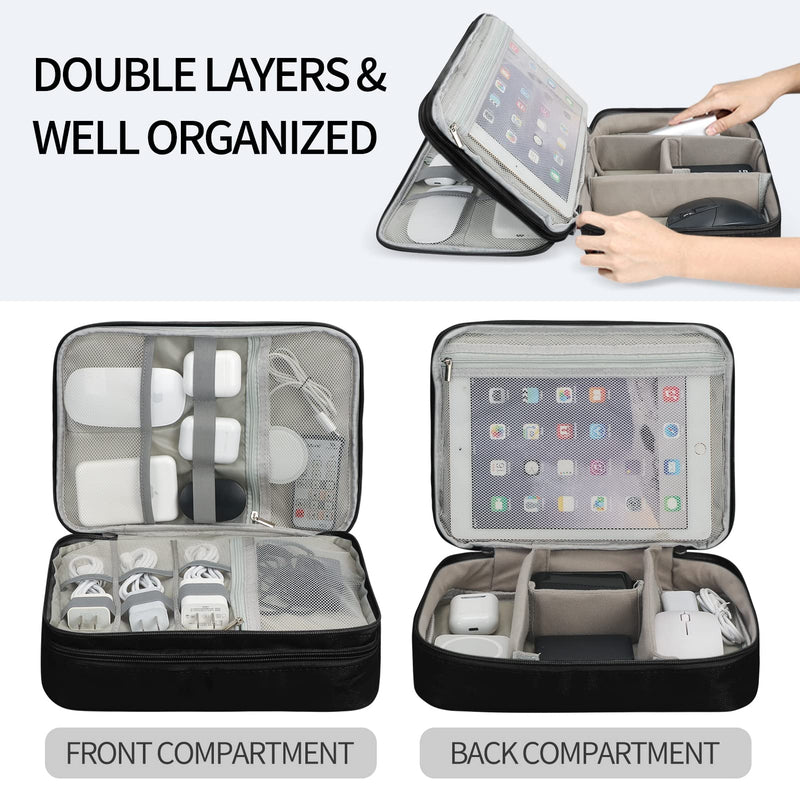  [AUSTRALIA] - FYY Large Electronic Organizer,Waterproof Travel Cable Organizer Bag Pouch for Electronics Accessories Carry Case Portable Double Layers Bag for Tablet,Cable,Cord,Charger,Earphone,Hard Drive Black Double Layer E-Black