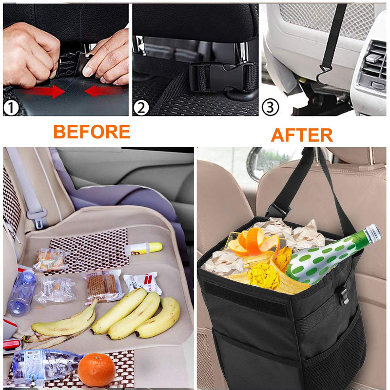  [AUSTRALIA] - Auesny Upgraded Car Trash Can with Lid and 3 Storage Pockets, 100% Leak-Proof Car Organizer, Waterproof Car Garbage Can, Multipurpose Trash Bin for Car -Auto Car Trash Bag Black 2.4 Gallons