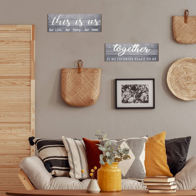  [AUSTRALIA] - 2 Pieces This is Us Our Life Our Story Rustic Print Wood Signs Together Rustic Wooden Wall Art Signs Farmhouse Entryway Signs for Bedroom Living Room Office Decor, 4.7 x 13.8 Inch (Gray) Gray