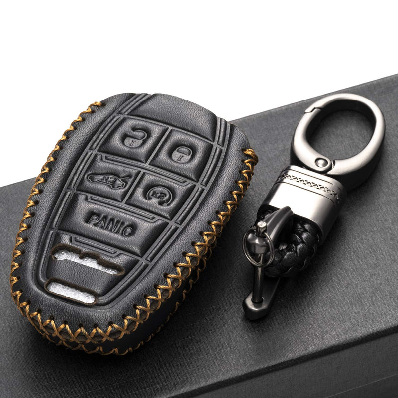 Vitodeco Genuine Leather Smart Key Fob Case Protector with Key Chain for 2017 - 2021 Alfa Romeo GIULIA, STELVIO, 4C SPIDER (5-Button, Black) 5-Button - LeoForward Australia