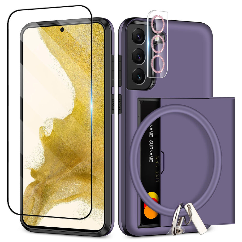  [AUSTRALIA] - SAMONPOW for Samsung Galaxy S22 Plus Case, S22 Plus Phone Case with Screen Protector + Camera Cover + Lanyard [5-in-1] Samsung Galaxy Plus Case Wallet Card Holder Shockproof Case for Samsung S22 Plus