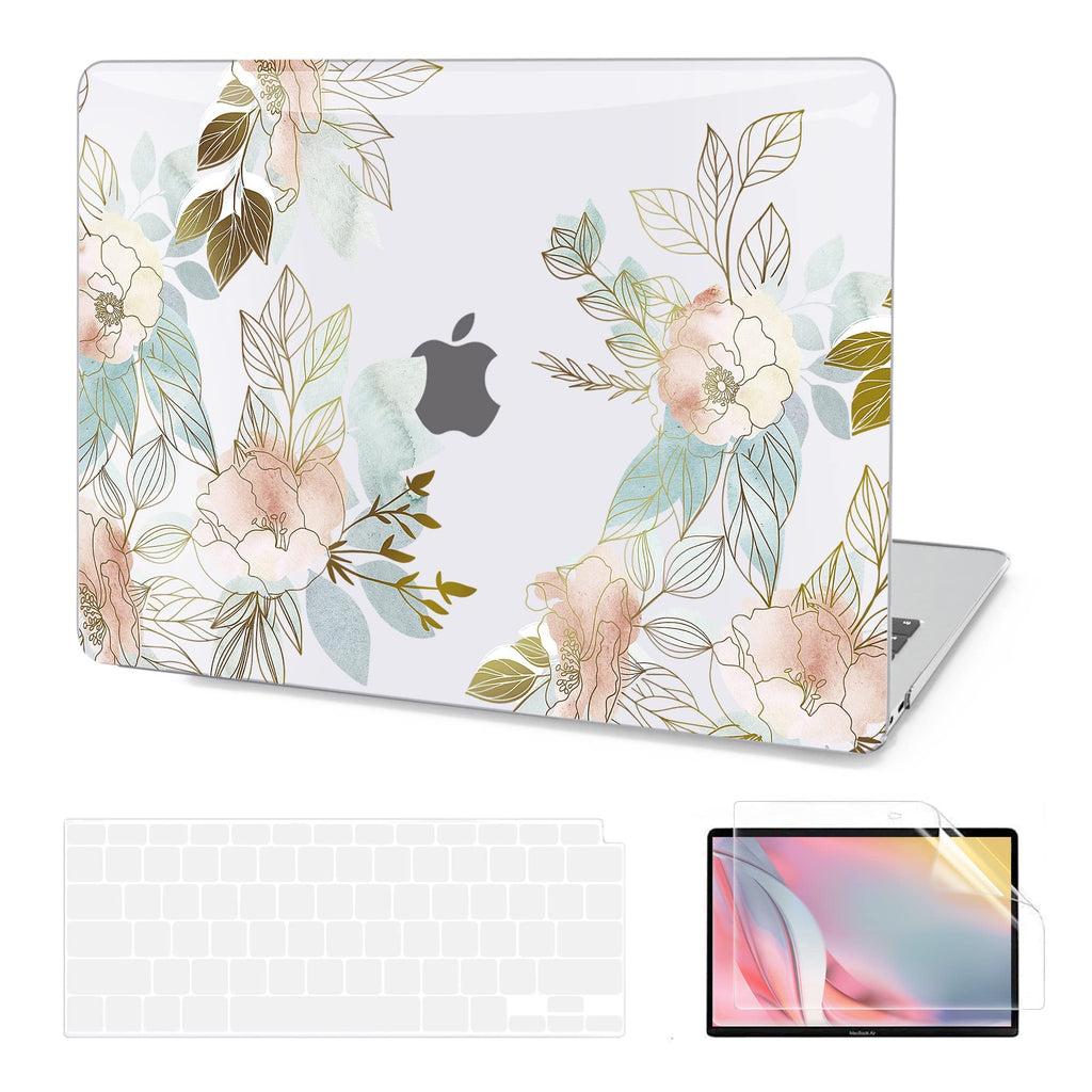  [AUSTRALIA] - AKIT Compatible with MacBook Air 13 Inch Case 2022 2021 2020 2019 2018 Release M1 A2337 A2179 A1932, Shiny Flower Plastic Laptop Hard Shell Case + Screen Protector + Keyboard Cover, Gold Florals Gold Flower