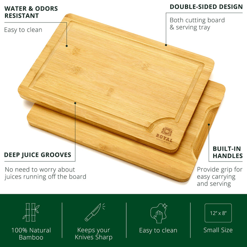 Bamboo Cutting Board with Juice Groove - Kitchen Chopping Board for Meat (Butcher Block) Cheese and Vegetables | Heavy Duty Serving Tray w/Handles (Small, 12 x 8") Small Classic - LeoForward Australia