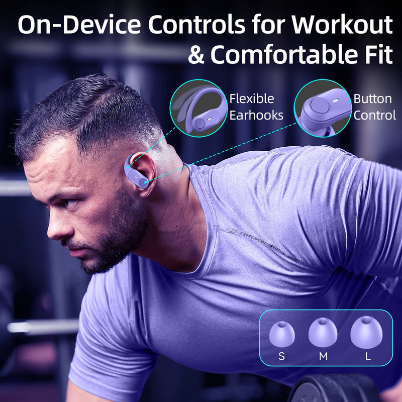  [AUSTRALIA] - GOLREX Bluetooth Headphones Wireless Earbuds 36Hrs Playtime Wireless Charging Case Digital LED Display Over-Ear Earphones with Earhook Waterproof Headset with Mic for Sport Running Workout Purple