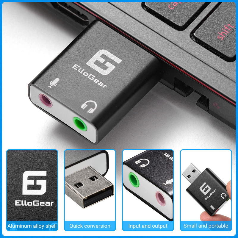  [AUSTRALIA] - ElloGear USB Audio Adapter with 2 3.5mm Input and Output Jacks, Add an External Stereo Sound Card to PC, Mac with Speaker and Microphone Jack