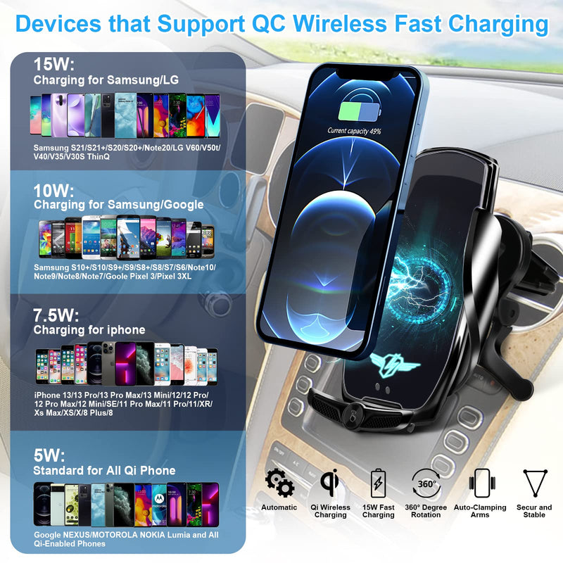  [AUSTRALIA] - Wireless Car Charger,15W Qi Fast Charging Smart Sensor Auto Clamping Air Vent Car Charger Phone Holder, Phone Mount for iPhone Samsung etc Most Qi-Enabled Smartphones (with QC 3.0 car Charger) Black