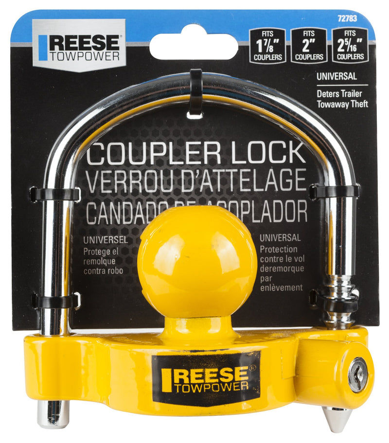  [AUSTRALIA] - REESE Towpower 72783 Universal Coupler Lock, Adjustable Storage Security, Heavy-Duty Steel, Yellow and Chrome 1