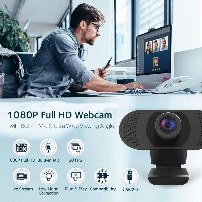  [AUSTRALIA] - 1080P Webcam with Microphone, Faleemi USB HD Desktop/Laptop Plug and Play Webcam with Auto Light Correction, Wide Angle for PC/Mac Video Live Streaming, Video Conference, Online Classes, Zoom Meeting