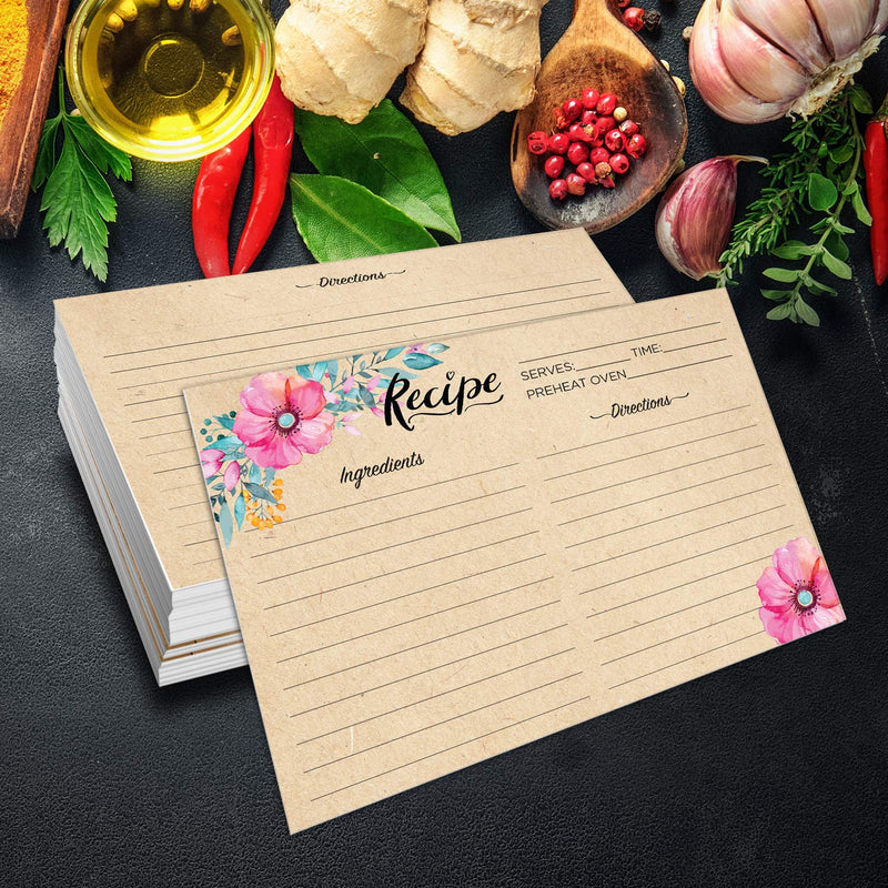  [AUSTRALIA] - Nuah Prints Double Sided Recipe Cards 4x6 Inch, Set of 50 Thick Cardstock Recipe Cards with Lines, Easy To Write On Smooth Surface, Line Printed, Large Writing Space (Floral Kraft Look) Floral Kraft Look