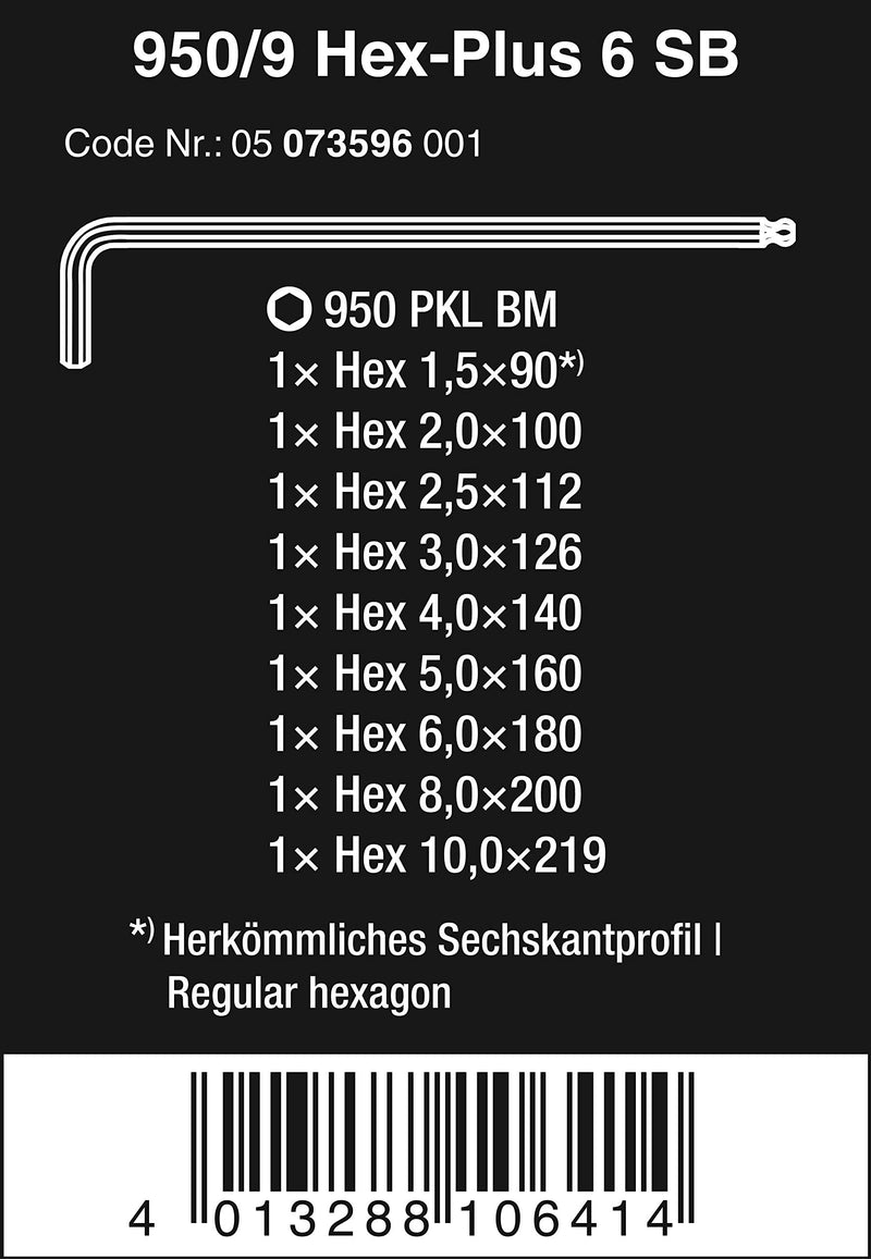  [AUSTRALIA] - Wera Hexagon 950 PKL/9 BM SB L-Key Set, BlackLaser, Ballpoint Hex Key, 9 Piece