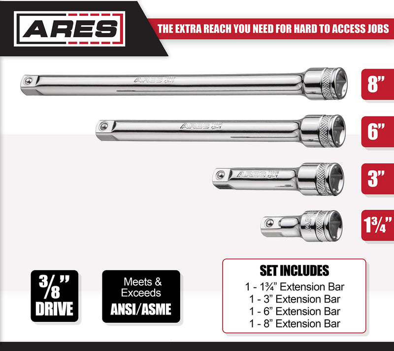  [AUSTRALIA] - ARES 70244-4-Piece 3/8-Inch Drive Socket Extension Set - Includes 1 3/4-Inch, 3-Inch, 6-Inch and 8-Inch Extensions - Premium Chrome Vanadium Steel with Mirror Finish 3/8" Drive