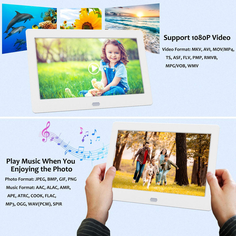  [AUSTRALIA] - 7 inch Digital Picture Frame with 1920x1080 IPS Screen Digital Photo Frame Support 1080P Video, Adjustable Brightness, Image Preview, Timing Power On/Off, Background Music, Slideshow Mode, White 7 inch-new