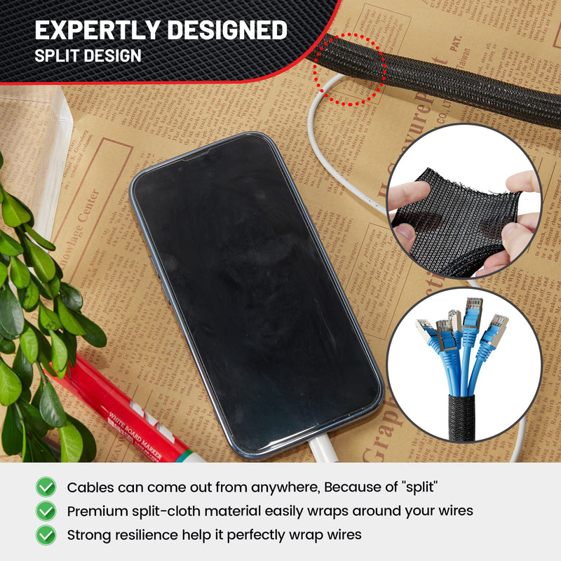  [AUSTRALIA] - RED WOLF Braided Wire Cable Sleeve Split Wiring Sleeving 10 Feet - 1/2" Flexible Self-Wrap for Automotive Computer Cable Cord Management Cover Protector, Anti-Scratch High-Temperature Black 1/2" x 10FT