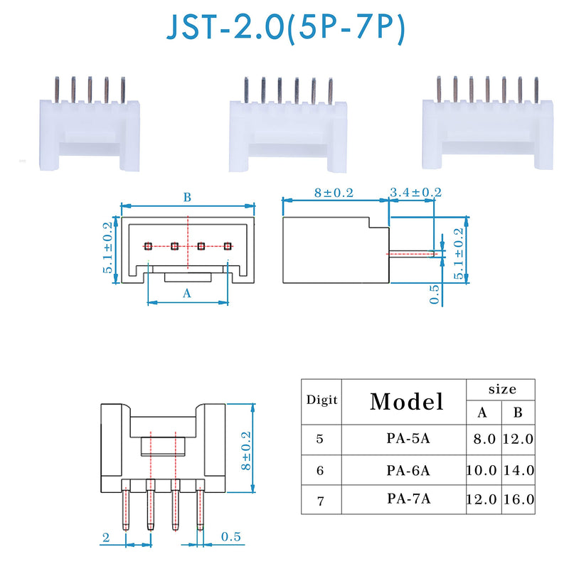  [AUSTRALIA] - CQRobot 60 Sets / 480 Pieces JST PA 2.0 mm Pitch 5/6/7-Pin IC Sockets & Plugs Adapter Connector Male and Female Terminal, Crimp DIP Kit. for Industrial Integrated Circuit JST Connector Cable. JST-PA2.0 PA 5P/6P/7P