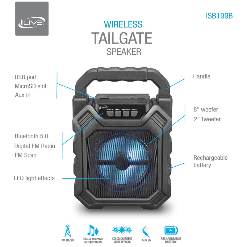 iLive ISB199B Wireless Tailgate Party Speaker, with LED Light Effects and Built-in Rechargeable Battery, Black - LeoForward Australia