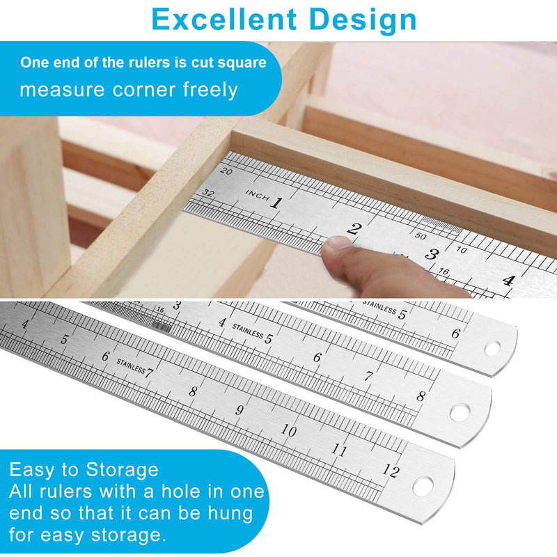  [AUSTRALIA] - 3PCS Stainless Steel Ruler, Metal Ruler Set ( 6 8 12 inch), Steel Ruler with Inch and Metric, Machinist Ruler, Metric Ruler, Imperial Ruler, for School, Office, Home, Engineer, Craft