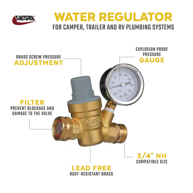  [AUSTRALIA] - Valterra Water Regulator, Lead-Free Brass Adjustable Water Regulator with Pressure Gauge for Camper, Trailer, RV Plumbing System -