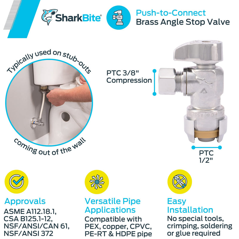  [AUSTRALIA] - SharkBite 23036-0000LF Compression Angle Stop Valve, 1/2 Inch x 3/8 Inch Push-to-Connect, PEX, Copper, CPVC, PE-RT