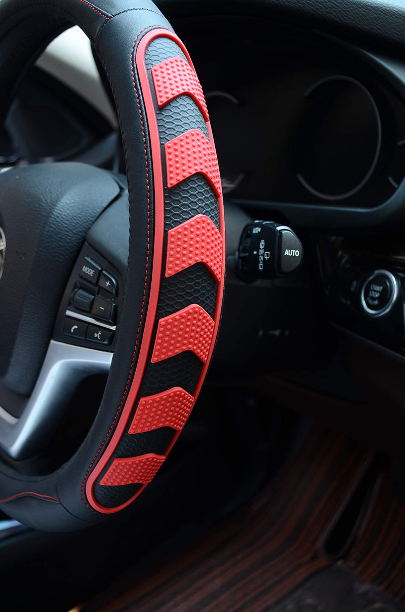  [AUSTRALIA] - Car Steering Wheel Cover with Durable PU Leather, Universal 15 inch Fit for Car Truck SUV, Breathable Anti Slip Auto Steering Wheel Covers for Men and Women, Red