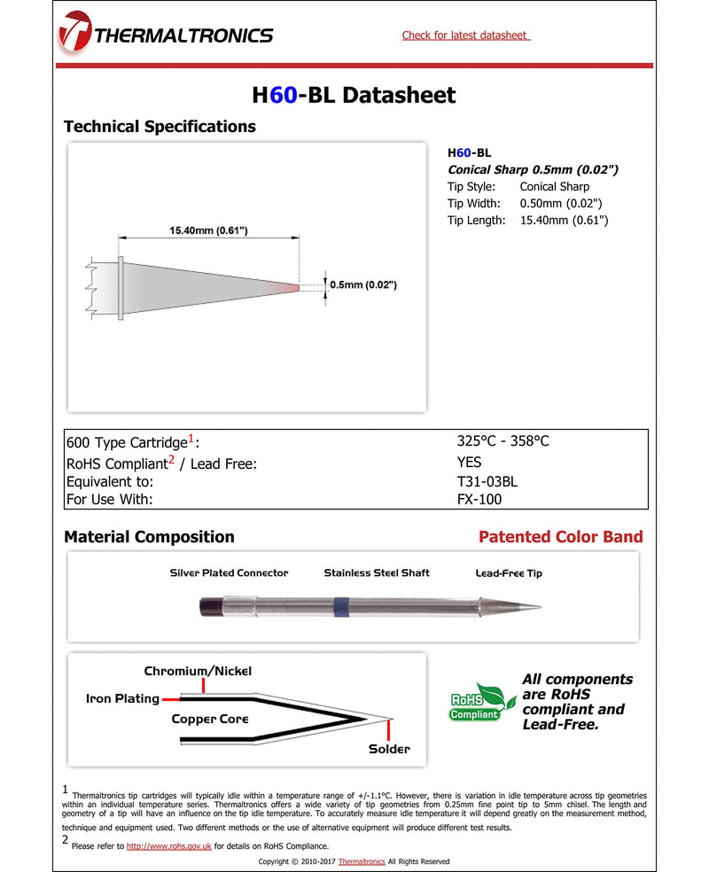  [AUSTRALIA] - Thermaltronics H60-BL Conical Sharp 0.5mm (0.02in) interchangeable for Hakko T31-03BL