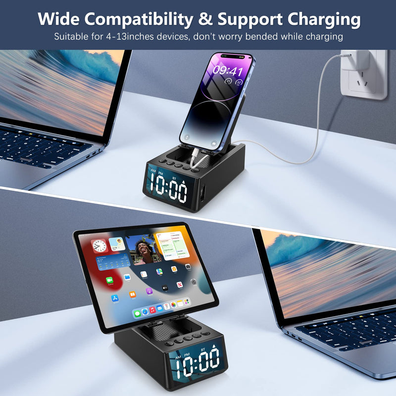  [AUSTRALIA] - Cell Phone Stand with Wireless Bluetooth Speaker, Gifts for Men or Women, Anti-Slip Design with HD Surround Sound, Adjustable Tablet Holder with Alarm Clock, Compatible with Phones & Tablets, Gadgets
