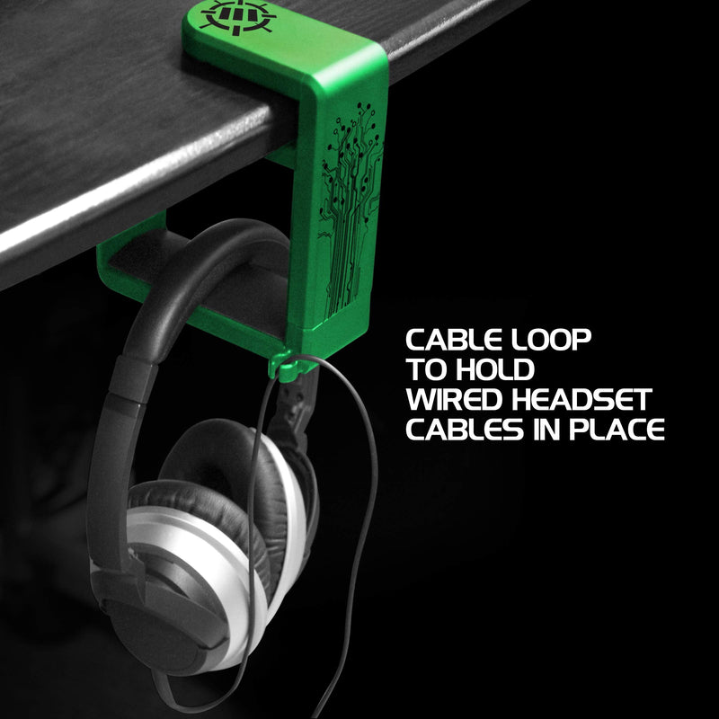 [AUSTRALIA] - ENHANCE PC Gaming Headphone Holder - Desk Headphone Hanger Esports Headset Holder with Adjustable 360 Rotation, Under Desk Headphone Hook Clamp, Universal Fit - Built in Cable Clip Organizer - Green