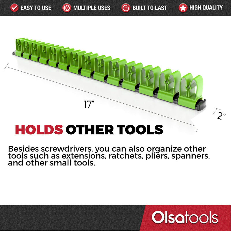  [AUSTRALIA] - Olsa Tools Premium Wall Mount Screwdriver Organizer | Black Nylon + Neon Green Clips | Holds 14 Screwdrivers Black Nylon + Green Clips