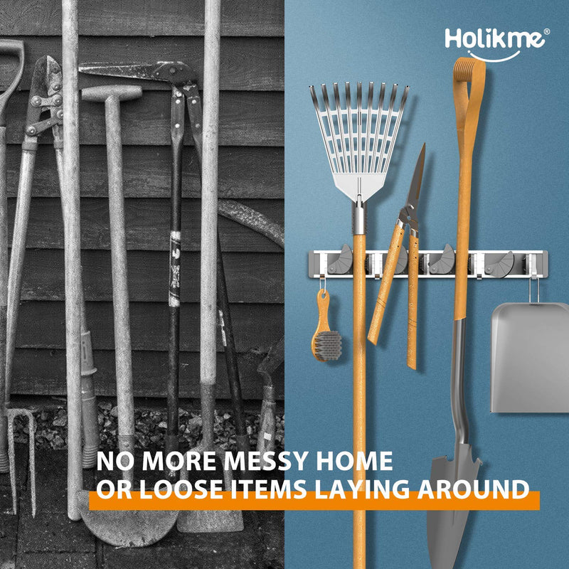  [AUSTRALIA] - Holikme Mop Broom Holder Wall Mount Metal Pantry Organization and Storage Garden Kitchen Tool Organizer Wall Hanger for Home Goods (4 Positions with 4 Hooks, Silver)