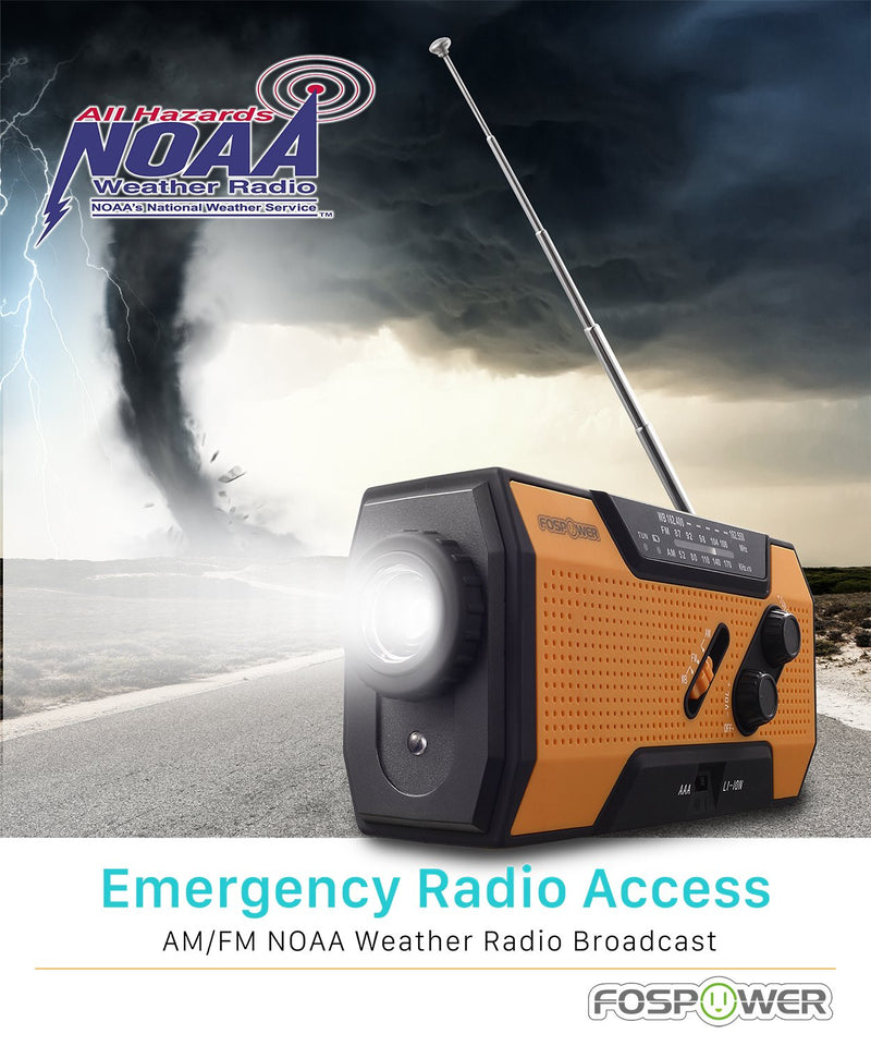  [AUSTRALIA] - FosPower 2000mAh NOAA Emergency Weather Radio (Model A1) Portable Power Bank with Solar Charging, Hand Crank & Battery Operated, SOS Alarm, AM/FM & LED Flashlight for Outdoor Emergency
