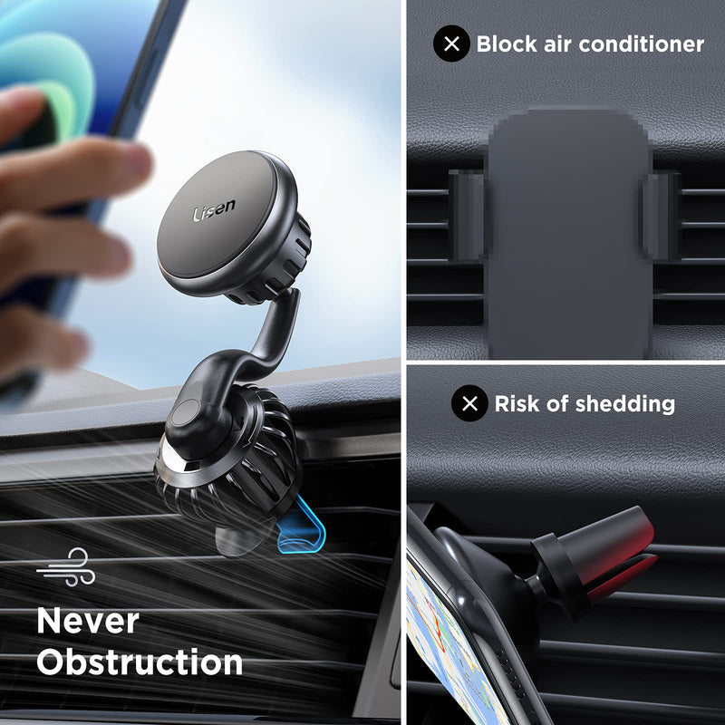  [AUSTRALIA] - LISEN Magnetic Phone Holder for Car Mount Upgraded Clip Cell Phone Holder Car 360° Unobstructed Magnet Cell Phone Mount Strong Magnetic Vent iPhone Car Mount Compatible with All Smartphone & Tablet Black